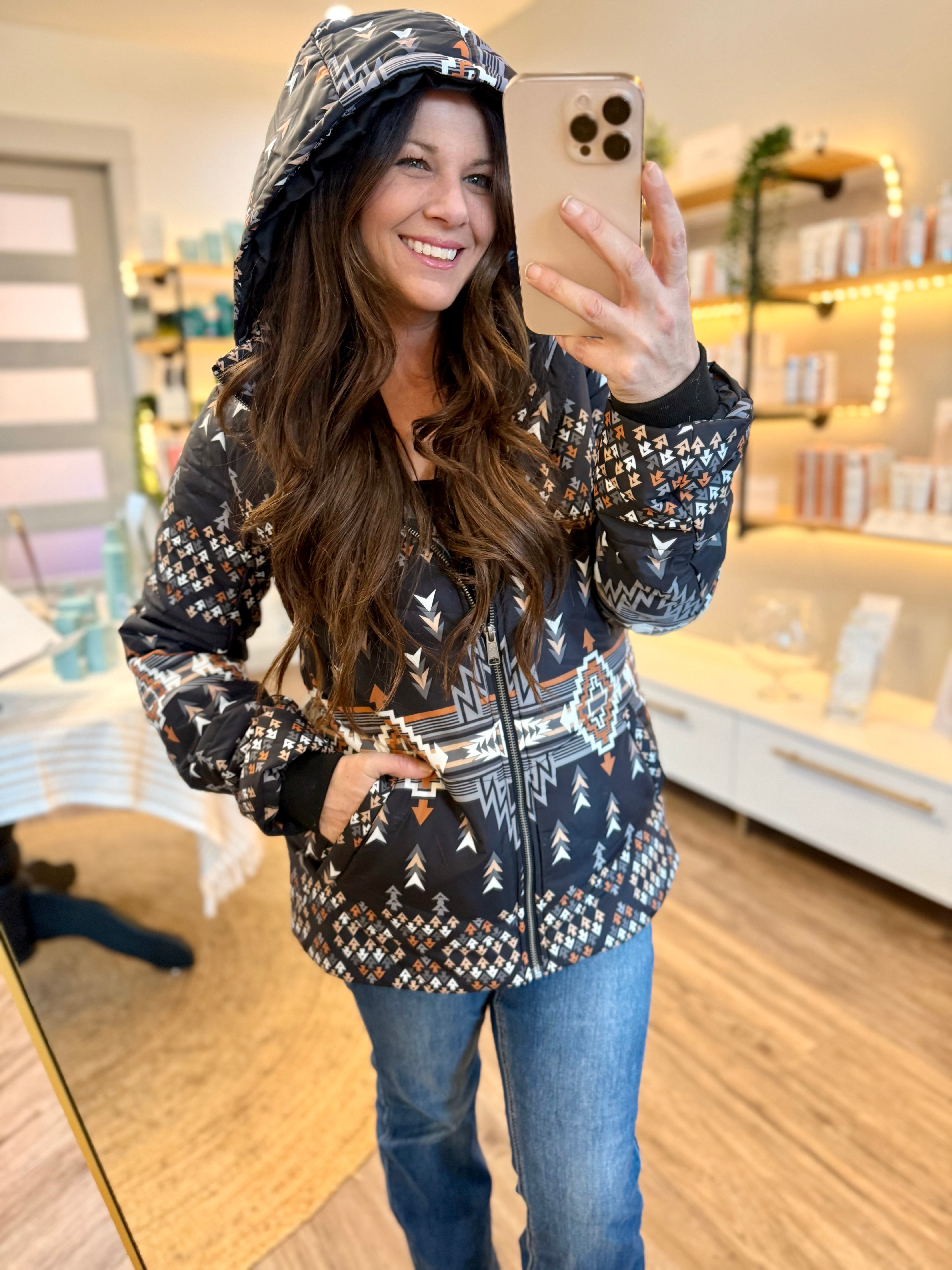 Aztec Hooded Puffer Jacket by Panhandle – WESTERN COAST CLOTHING CO.