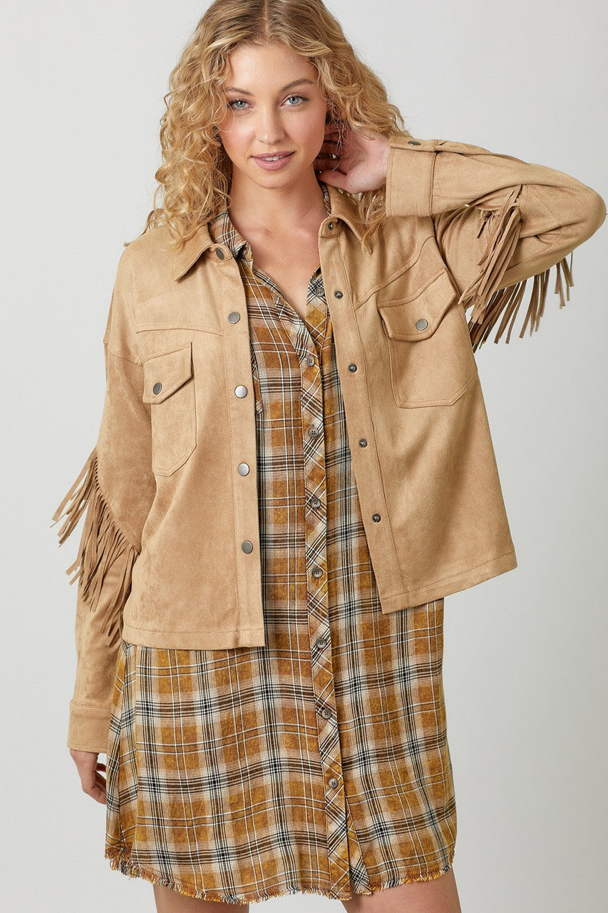 Mystree Fringe Faux Suede Jacket - Latte