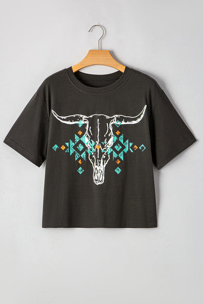 The Dakota Carbon Grey Bull Head Cropped Tee