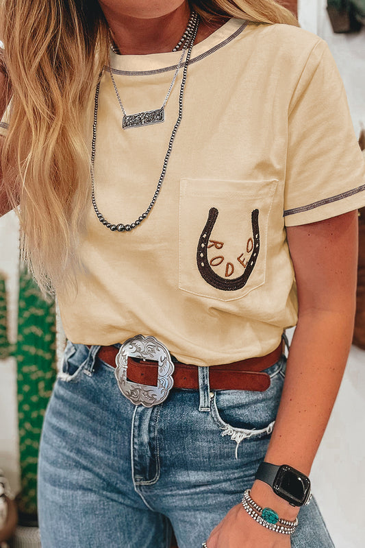RODEO Horseshoe Embroidered Apricot Pocket Tee
