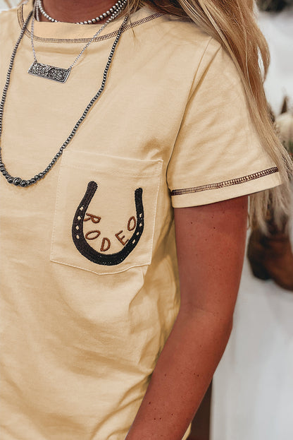 RODEO Horseshoe Embroidered Apricot Pocket Tee