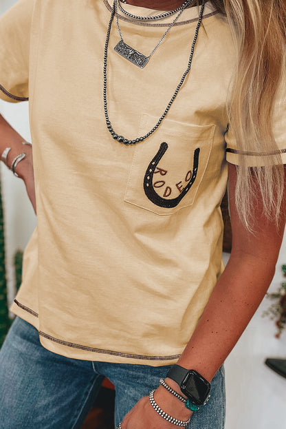 RODEO Horseshoe Embroidered Apricot Pocket Tee