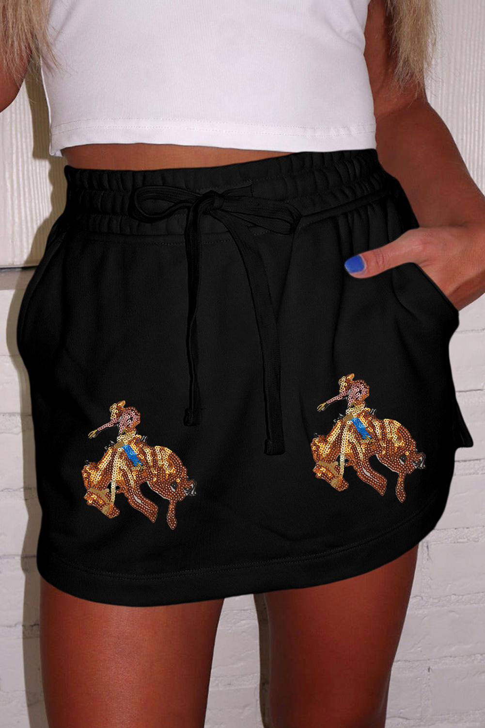 Buckaroo Babe - Black Sequin Bronc Rider High Waist Skort