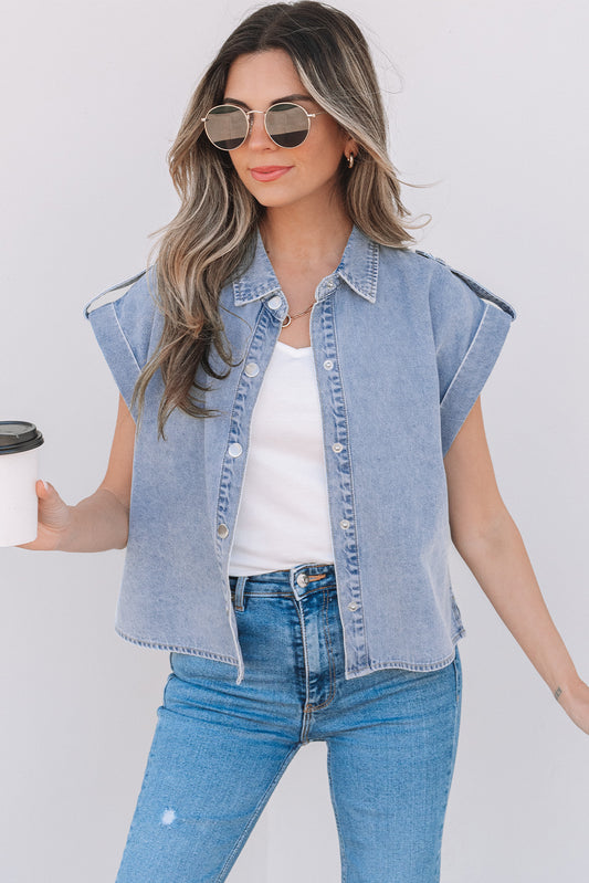 The Billy Jean Denim Cap Sleeve Button Up Shirt