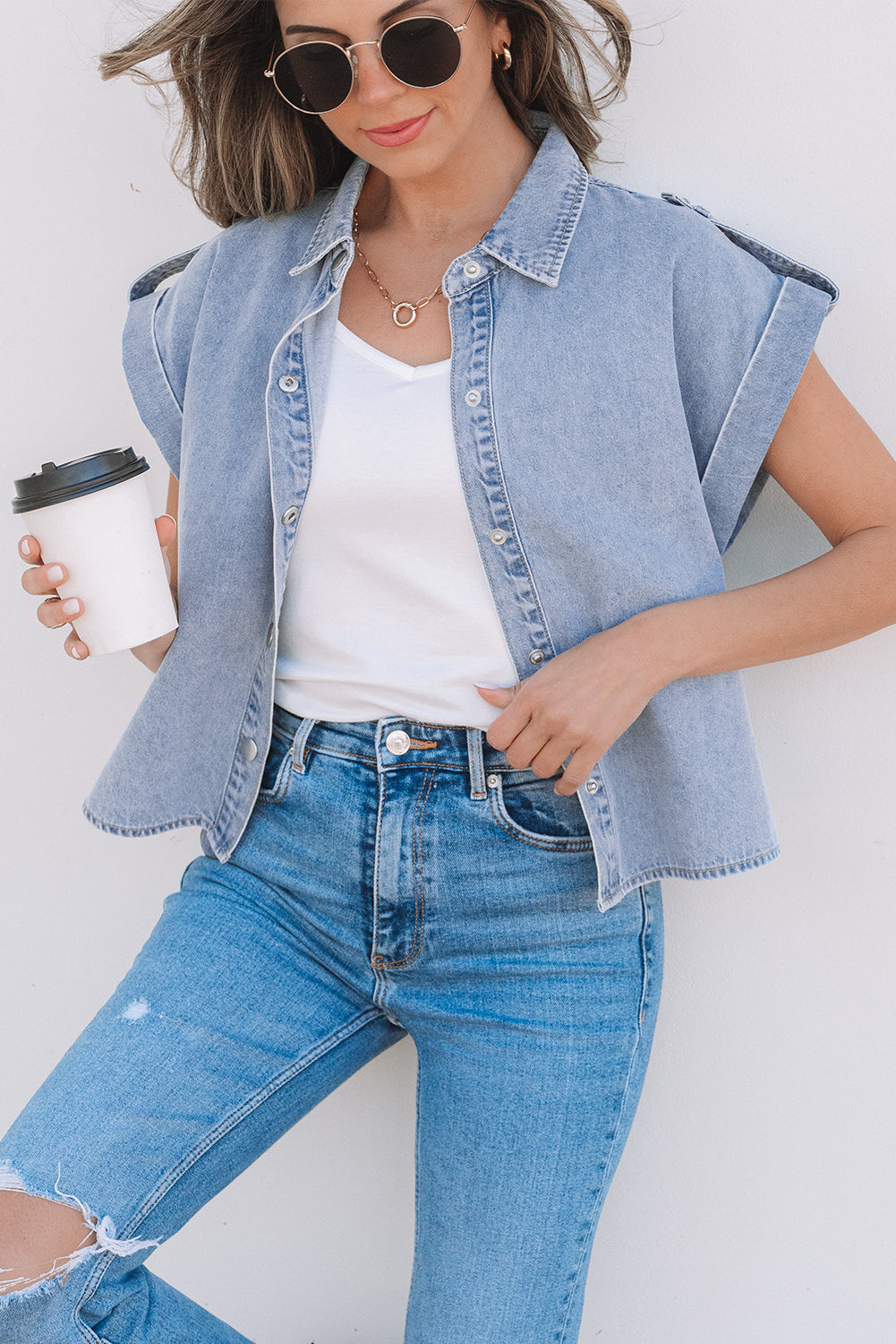 The Billy Jean Denim Cap Sleeve Button Up Shirt