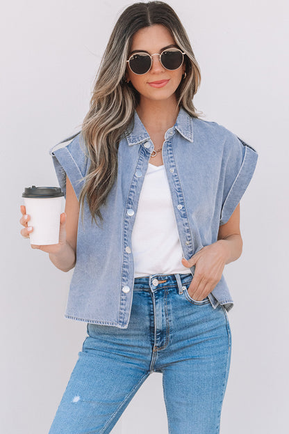 The Billy Jean Denim Cap Sleeve Button Up Shirt