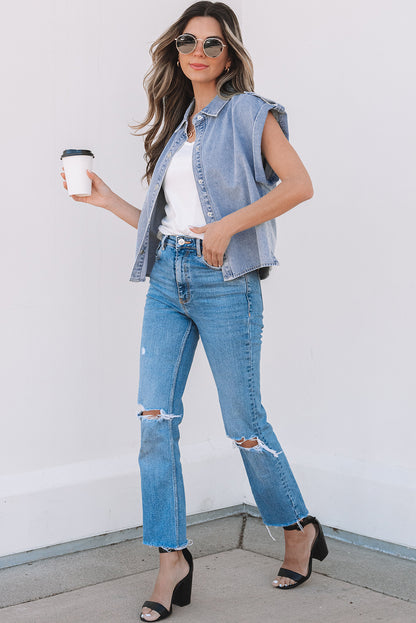 The Billy Jean Denim Cap Sleeve Button Up Shirt