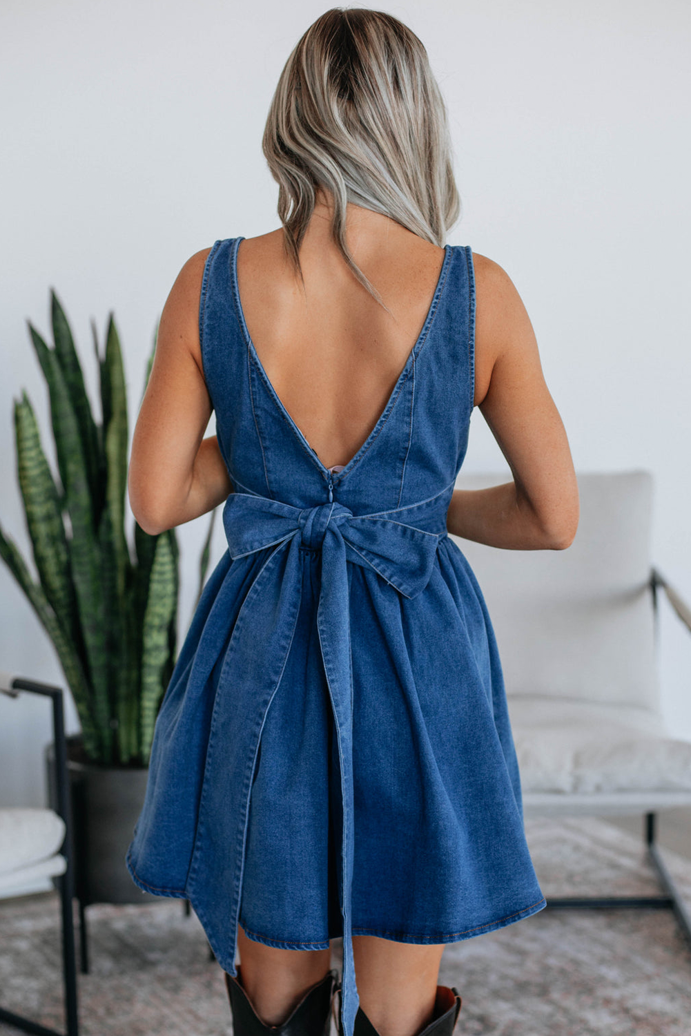 The Harleigh Denim Dress - Bow Tie Back