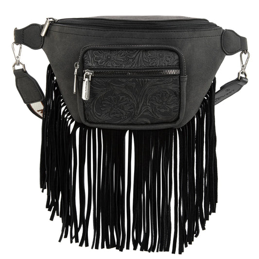 Montana West Floral Tooled Fringe Fanny Pack - Black