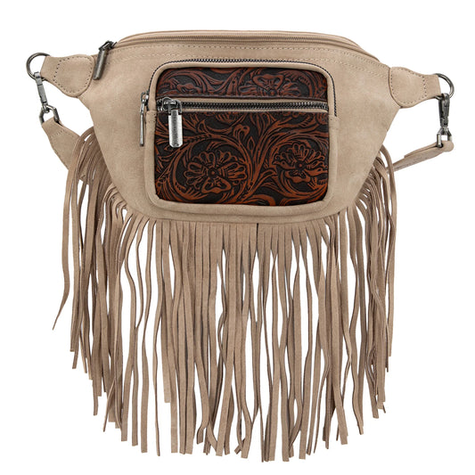 Montana West Floral Tooled Fringe Fanny Pack - Tan