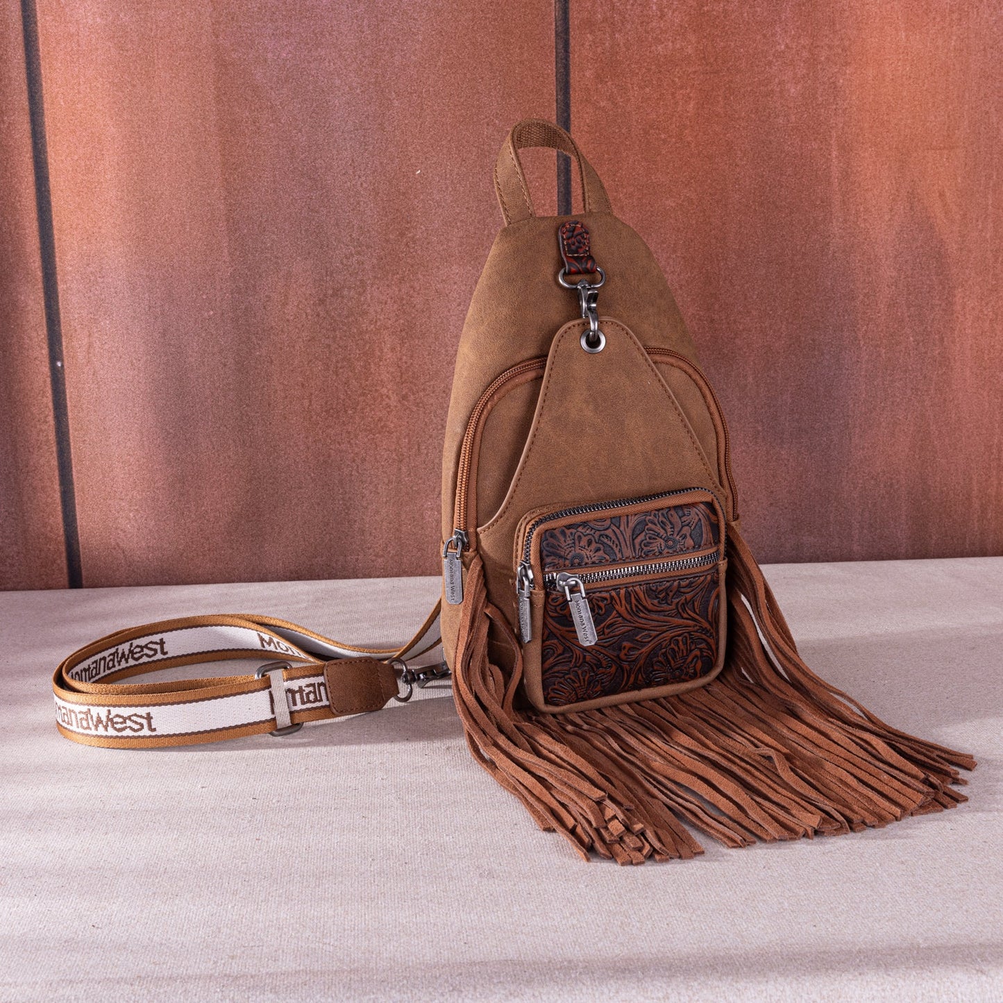 Montana West Tooled Fringe Sling Bag -Brown