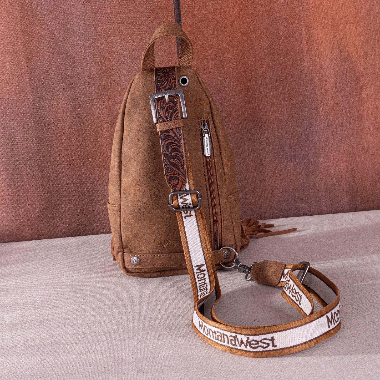Montana West Tooled Fringe Sling Bag -Brown