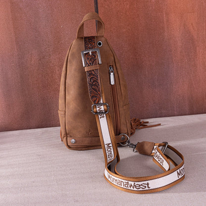 Montana West Tooled Fringe Sling Bag -Brown