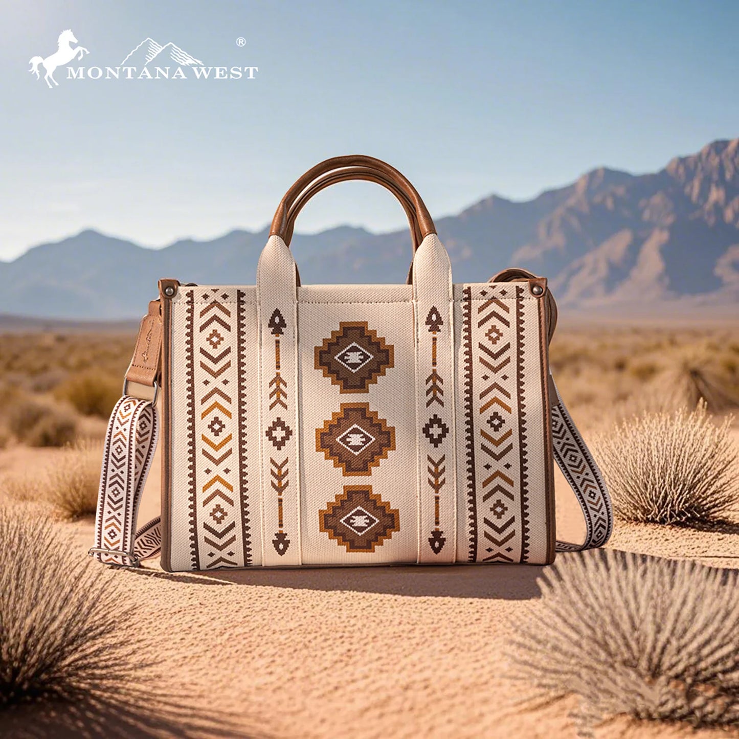 Montana West Aztec Retro Arrows Dual Sided Print Large Tote/Crossbody - Beige