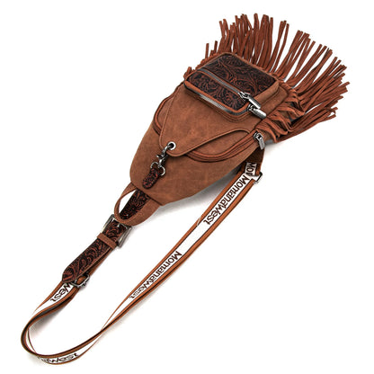 Montana West Tooled Fringe Sling Bag -Brown