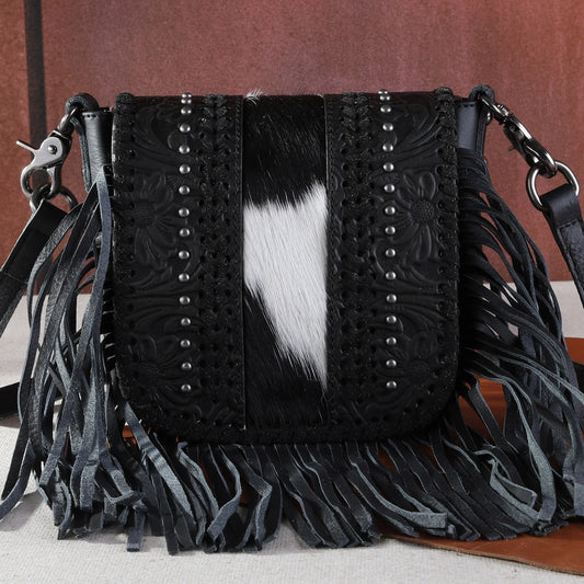 Montana West Genuine Leather Fringe Tooled Collection - Black