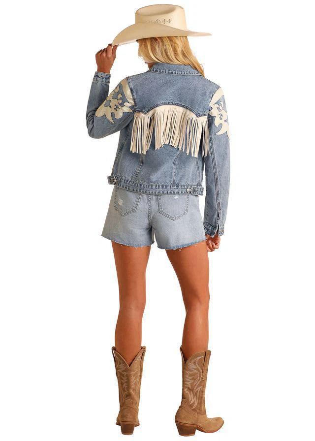 Rock & Roll Denim Women's Light Wash Ivory Pleather Fringe Denim Jacket