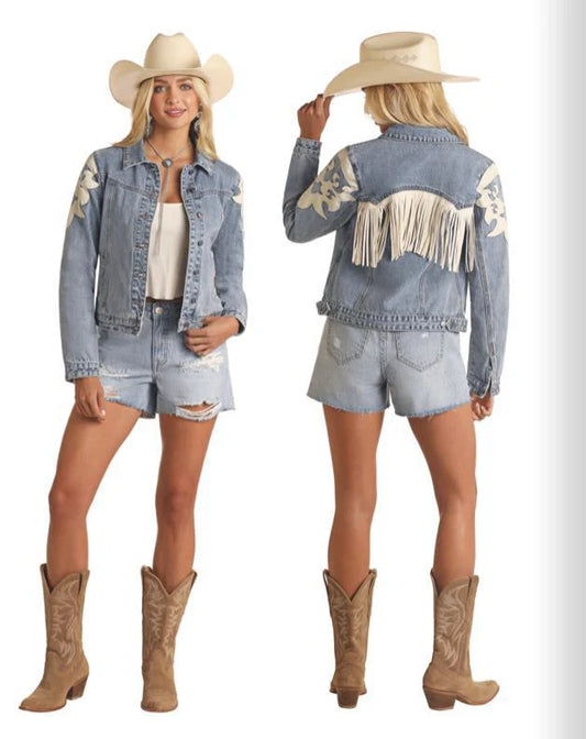 Rock & Roll Denim Women's Light Wash Ivory Pleather Fringe Denim Jacket