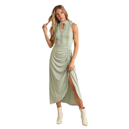 Rock & Roll Denim Studded Ribbed Maxi Dress