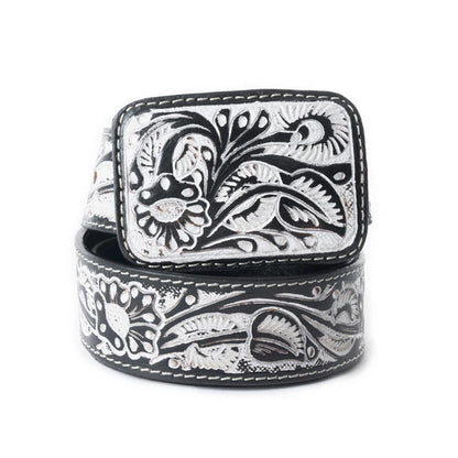 Myra Desert Silver Moon Leather Tooled Belt - Black