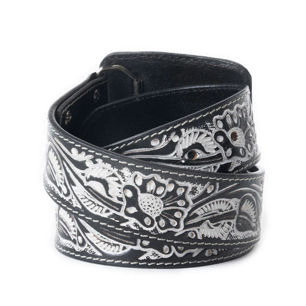 Myra Desert Silver Moon Leather Tooled Belt - Black