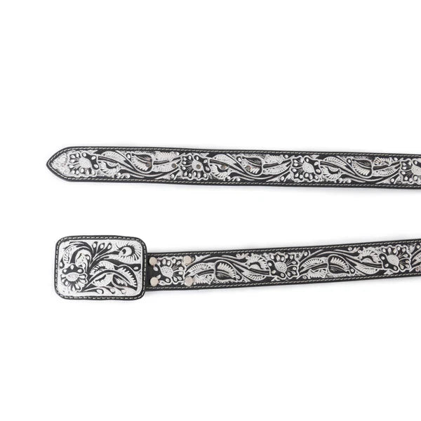 Myra Desert Silver Moon Leather Tooled Belt - Black