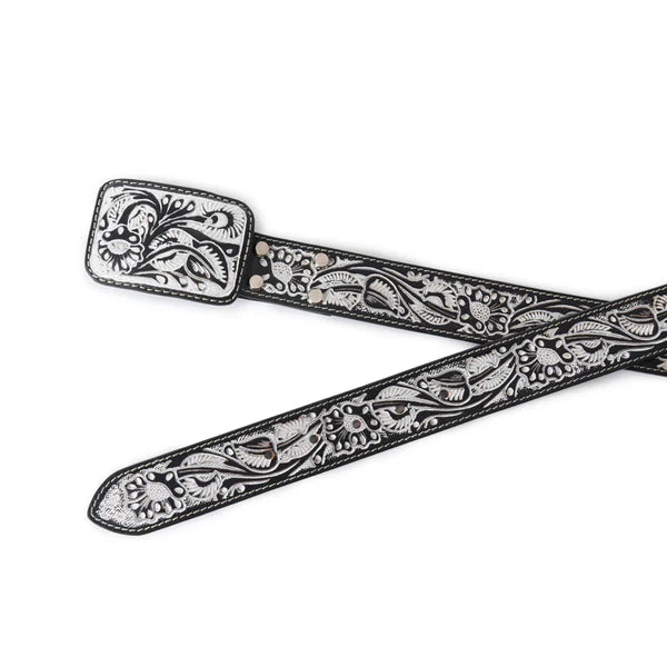 Myra Desert Silver Moon Leather Tooled Belt - Black
