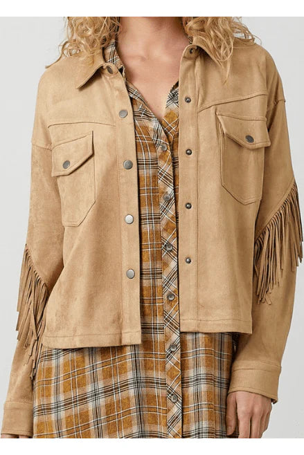 Mystree Fringe Faux Suede Jacket - Latte