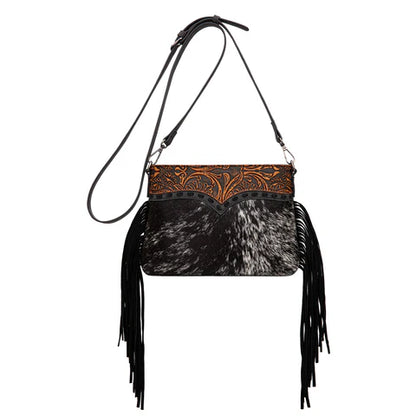Trinity Ranch Floral Tooled Hair-On Cowhide Crossbody - Black