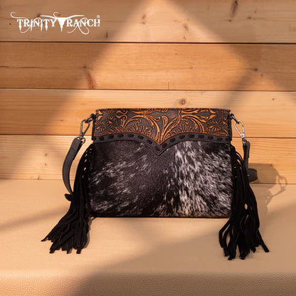 Trinity Ranch Floral Tooled Hair-On Cowhide Crossbody - Black