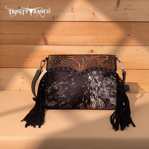 Trinity Ranch Floral Tooled Hair-On Cowhide Crossbody - Black