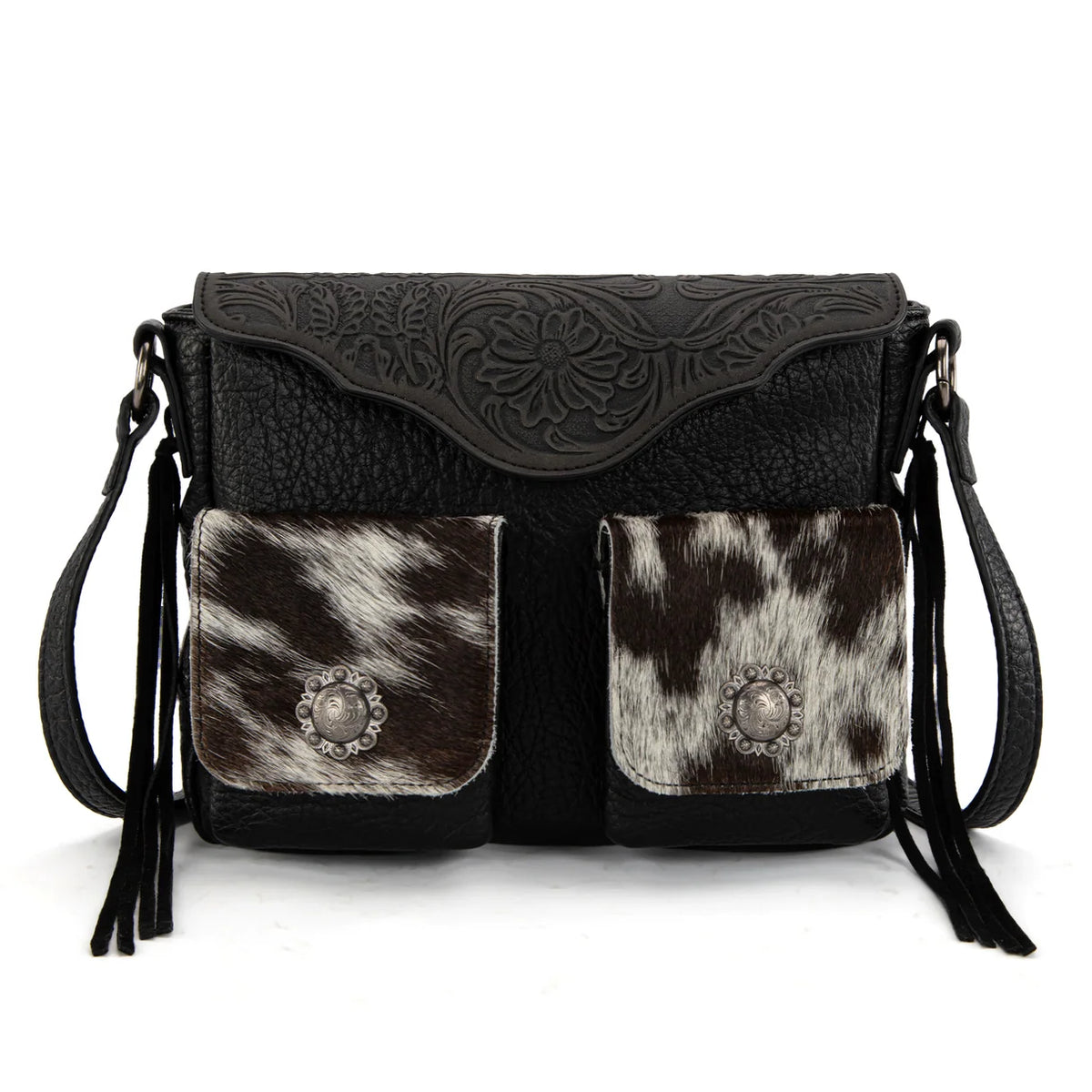 Trinity Ranch Genuine Cowhide Tooled Crossbody Purse – Black