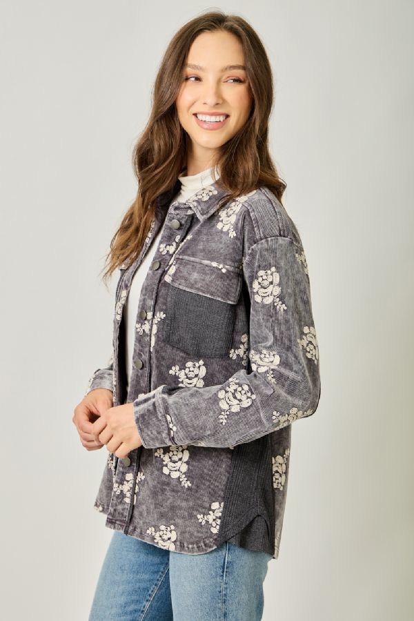 Mystree Embroidered Floral Corduroy Shacket - Washed Black