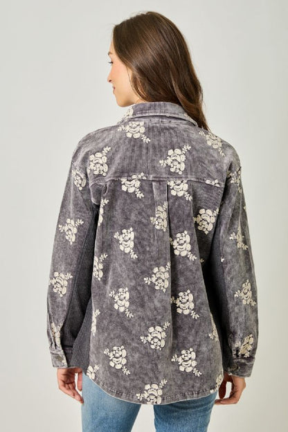 Mystree Embroidered Floral Corduroy Shacket - Washed Black