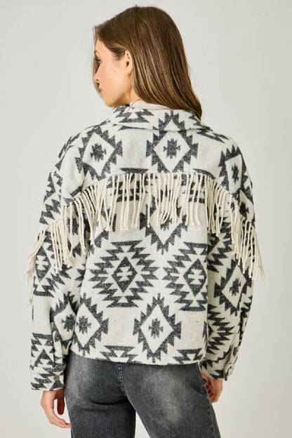 Mystree Aztec Fringe Shacket - Ivory Mix