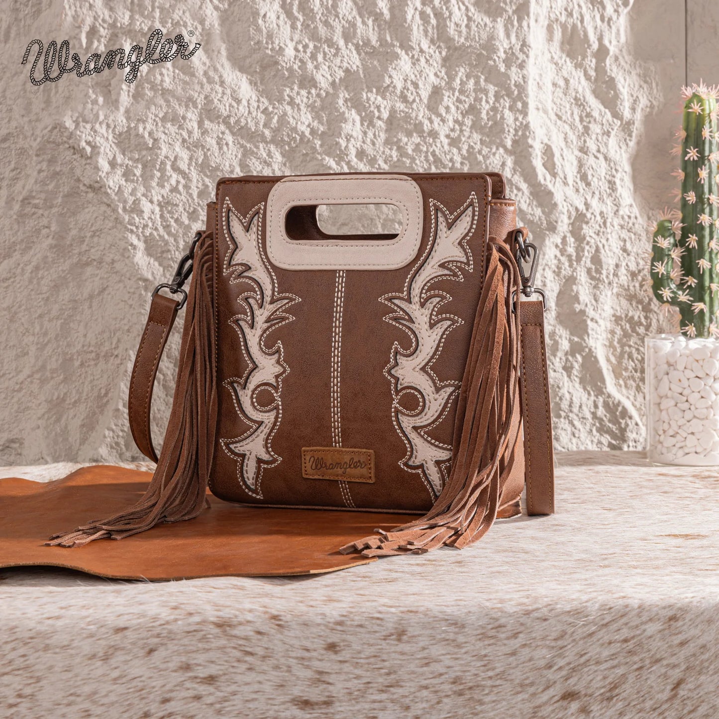 Wrangler Top Handle Boot Scroll Fringe Tote/Crossbody - Coffee