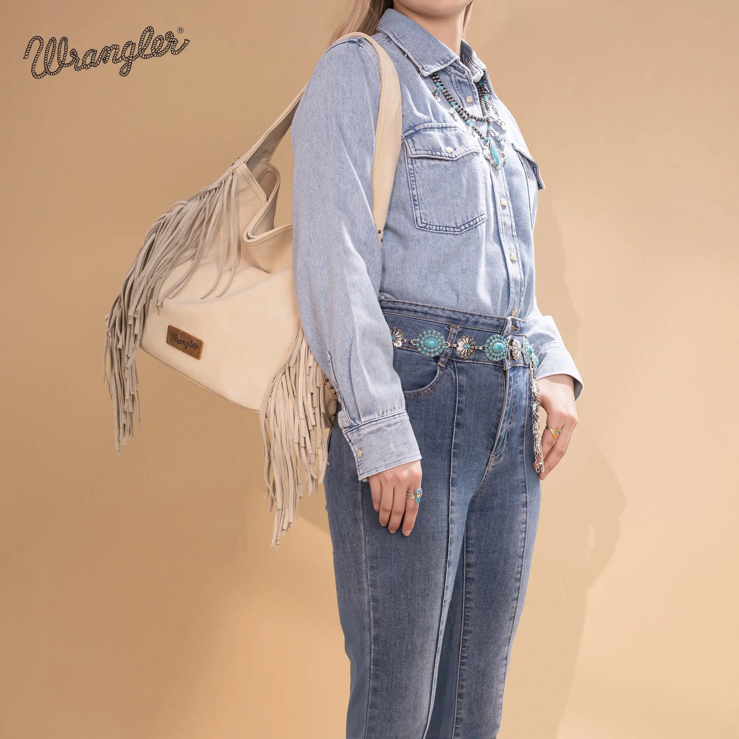 Wrangler Fringe Studded Hobo Bag- Beige