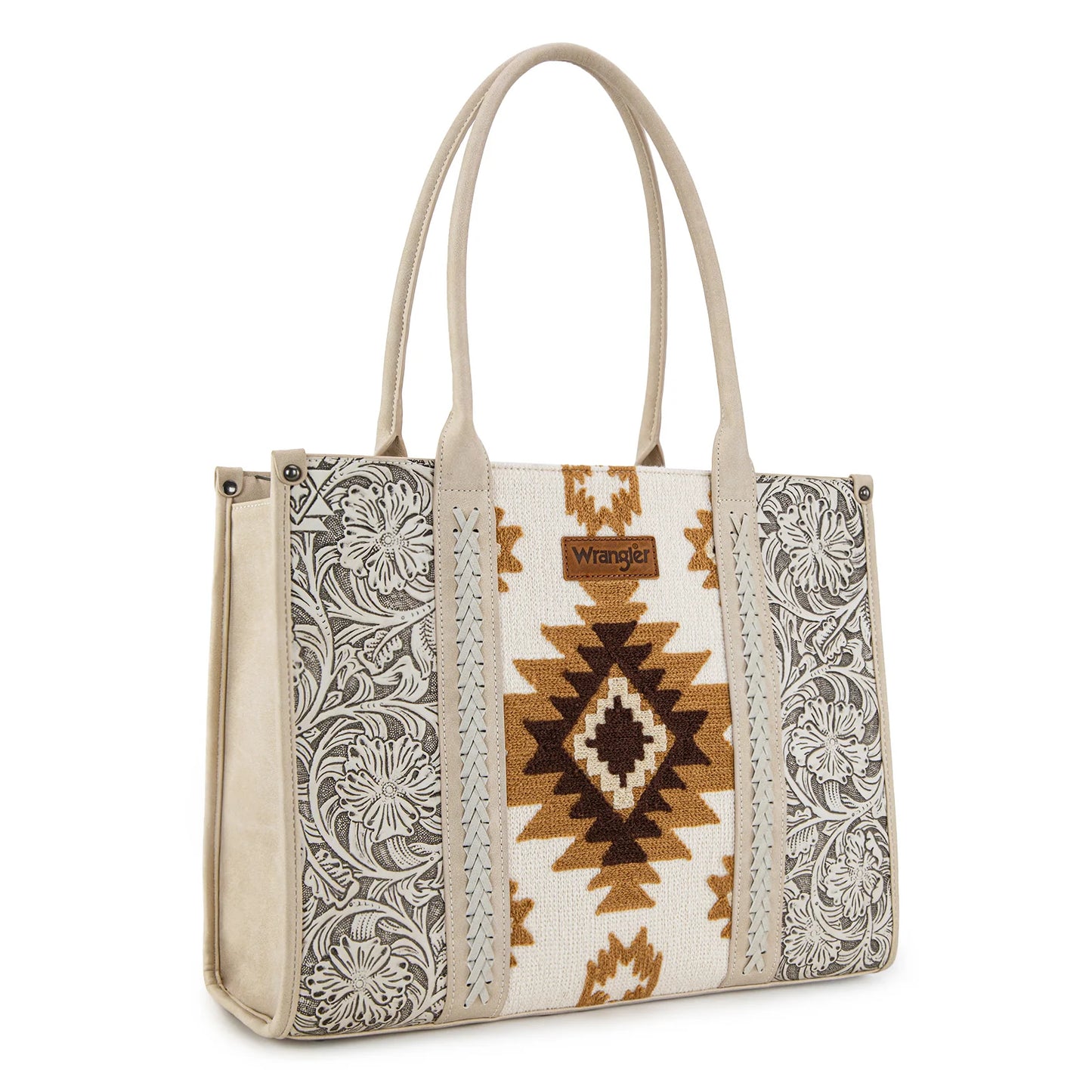 Wrangler Tooled Aztec Pattern Print Concealed Carry Large Tote - Beige