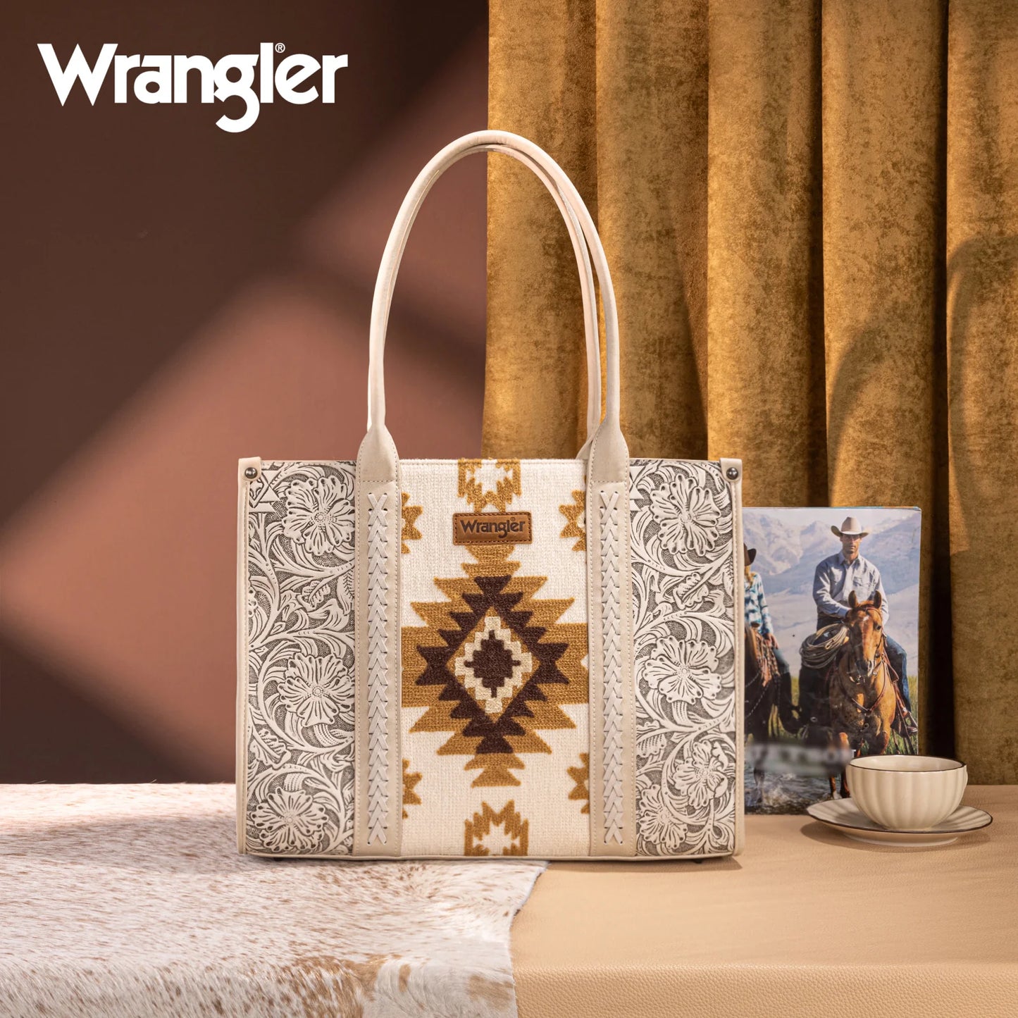 Wrangler Tooled Aztec Pattern Print Concealed Carry Large Tote - Beige
