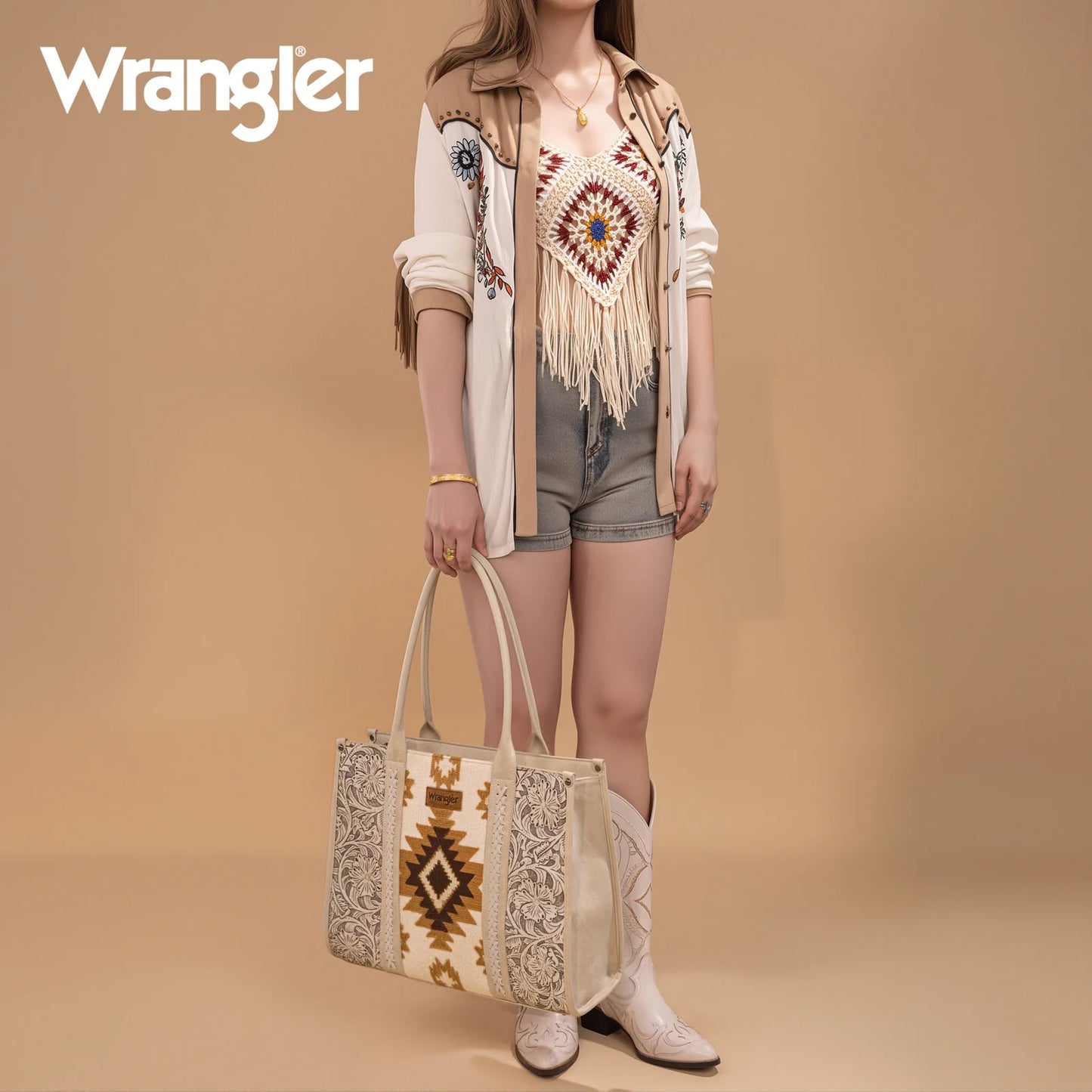 Wrangler Tooled Aztec Pattern Print Concealed Carry Large Tote - Beige