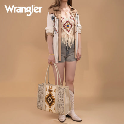 Wrangler Tooled Aztec Pattern Print Concealed Carry Large Tote - Beige