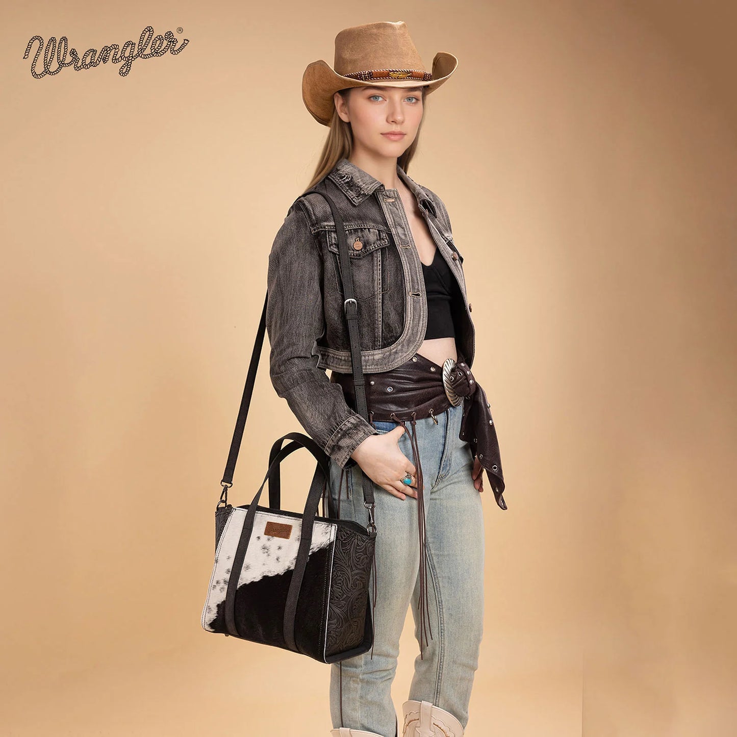Wrangler Genuine Hair-On Cowhide Wide Tote/Crossbody - Black