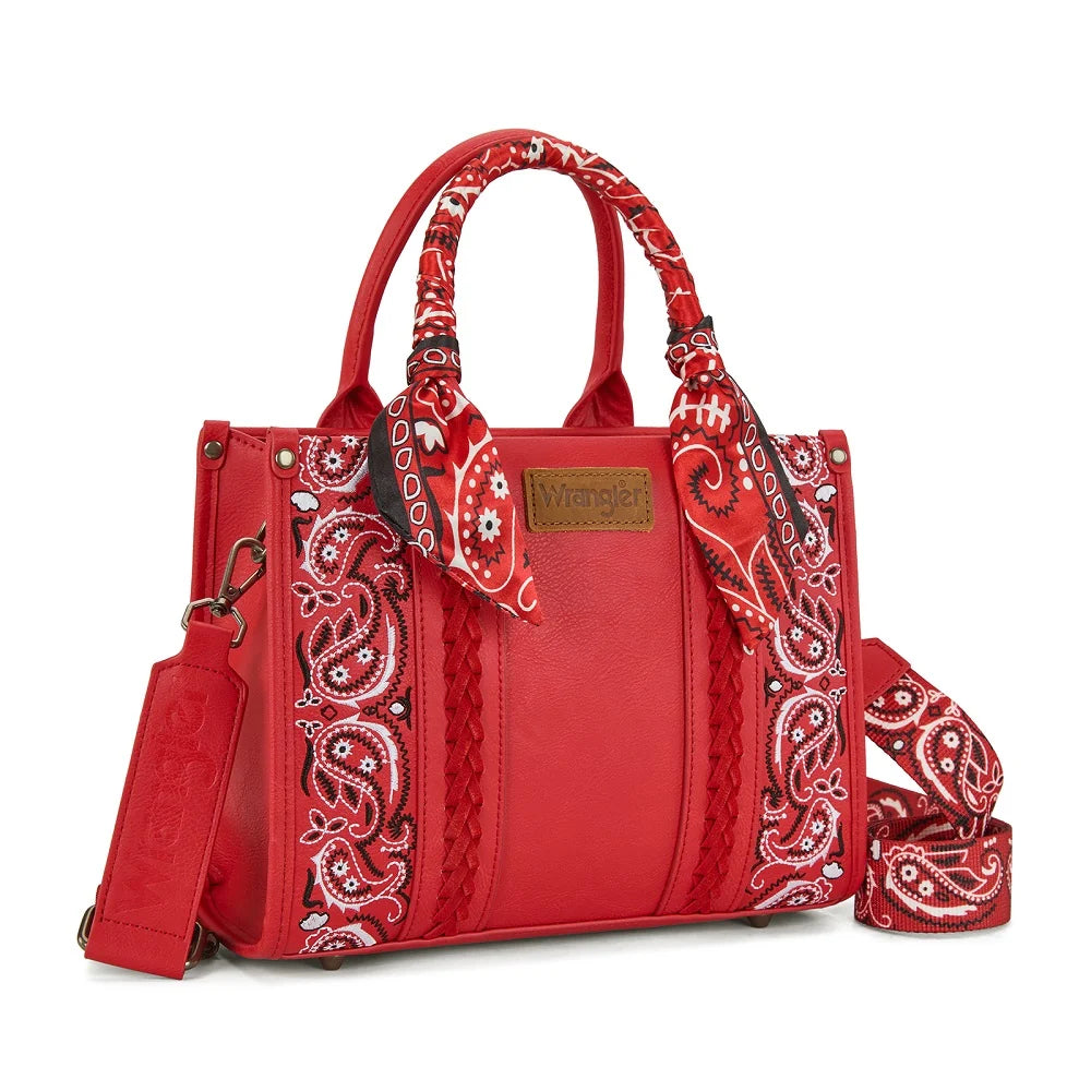 Wrangler Braided Paisley Bandana Tote/Crossbody – Red