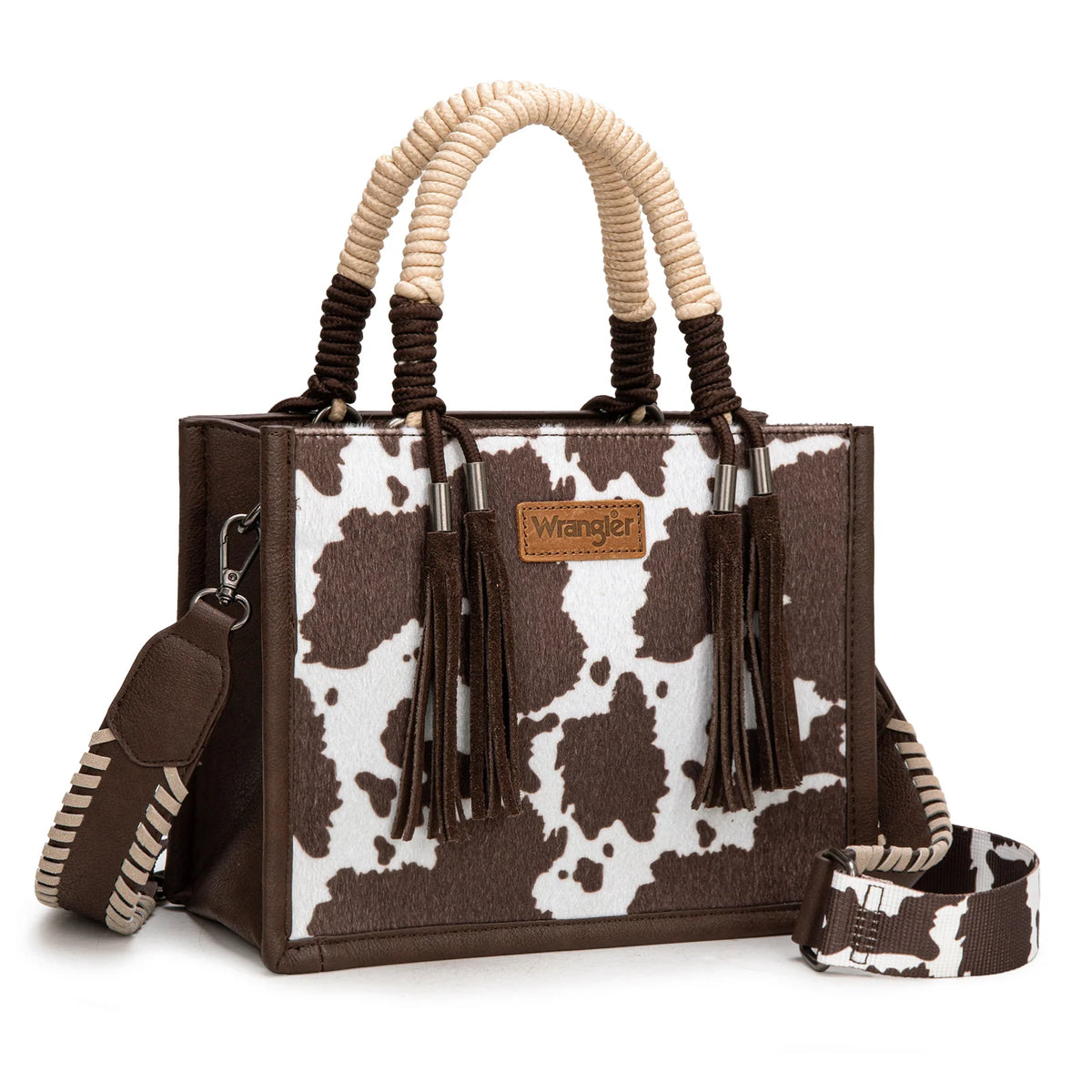 Wrangler® Cow Print Tote & Crossbody Bag – Coffee