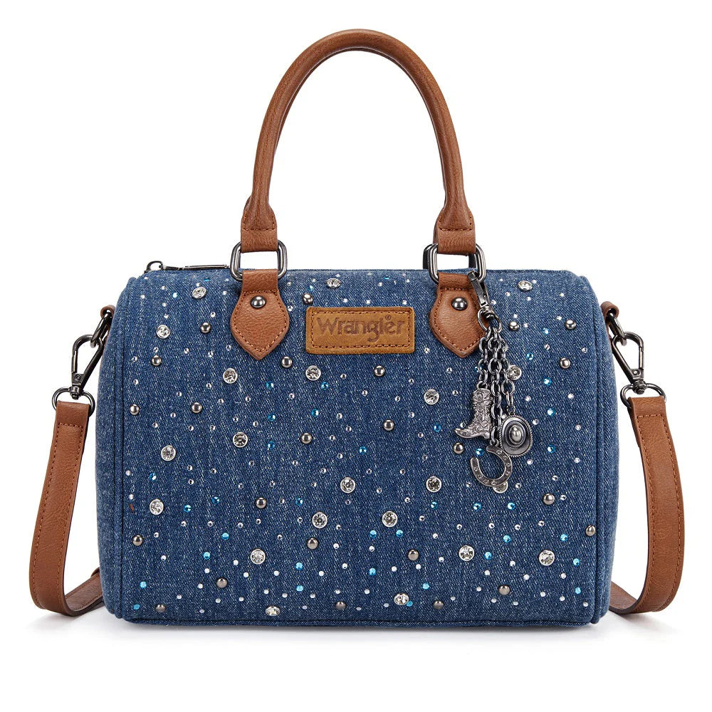 Wrangler Western Rhinestone Denim Boston Bag/Crossbody - Dark Jean