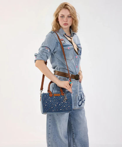 Wrangler Western Rhinestone Denim Boston Bag/Crossbody - Dark Jean