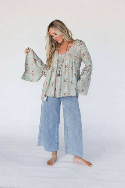 Brea Mixed Print Top by Three Birds Nest - Sage Floral Print