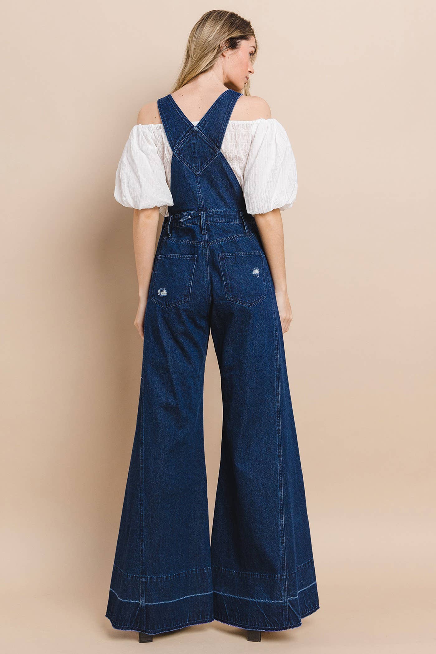 Wisteria Lane Wide Leg Denim Flare Overalls - dark denim