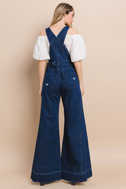 Wisteria Lane Wide Leg Denim Flare Overalls - dark denim