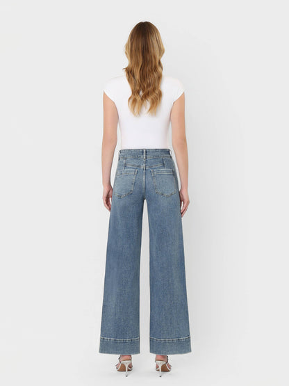 High Rise Half Yoke Wide Leg Jeans
